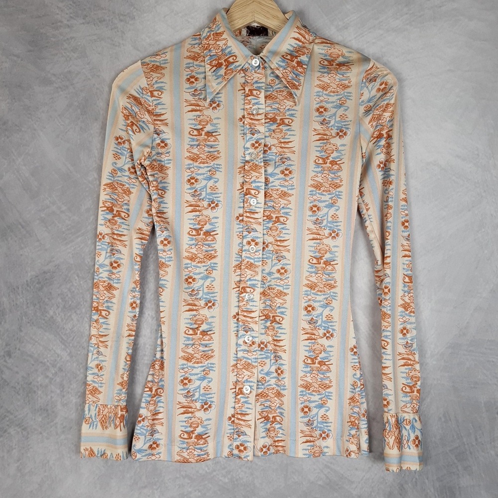 Vintage 70s Shirt Womens Small Novelty Animal Print Button Up Disco Point Collar - Picture 5 of 16